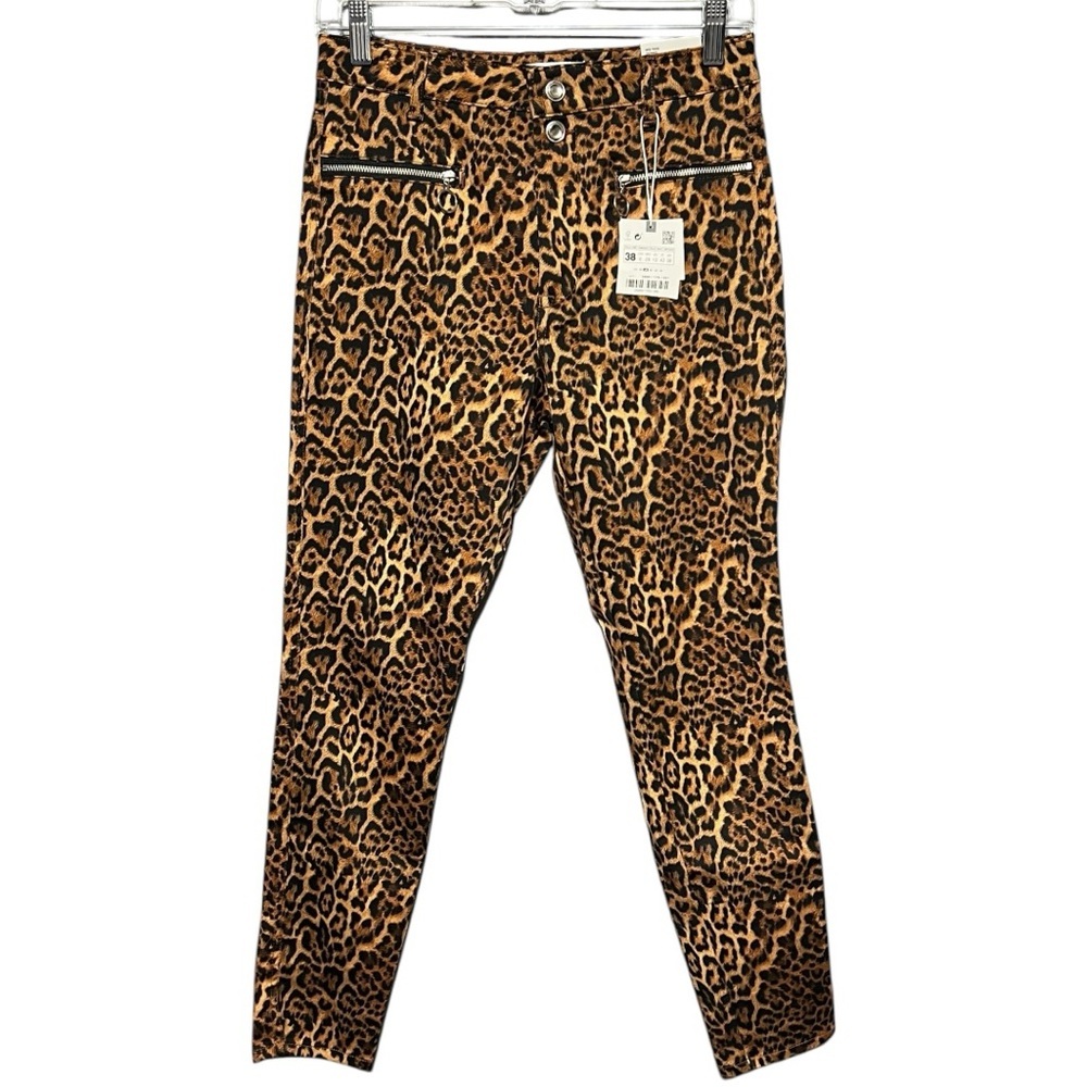 Zara Animal Print Skinny Pants Sz 6 Mid-Rise Stretch Leopard Statement Pant Edgy